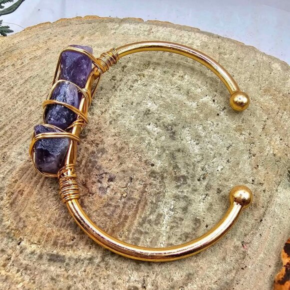Nature Amethyst Polished Stone Wire Wrapped Cuff Bangle - Picture 10 of 10